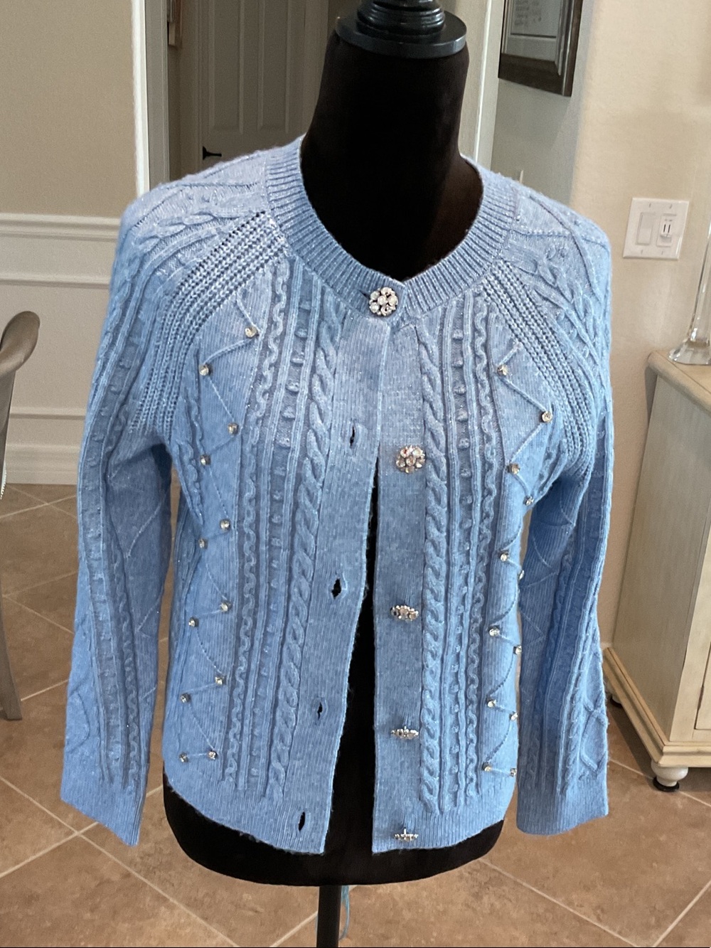 Talbots button front sweater, blue with rhinestone embellishment, size S, NWT
